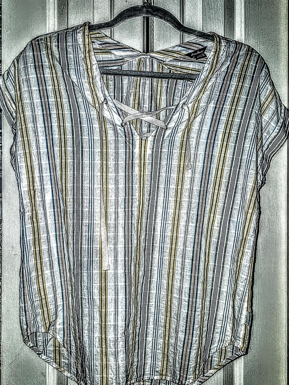 Eddie Bauer Striped Lace-Up V-Neck Tunic in White, Blue & Tan